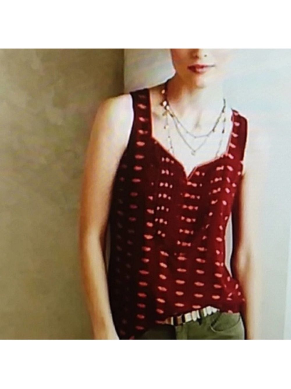 Anthropologie Red and Pink Patterned V-Neck Camisole
